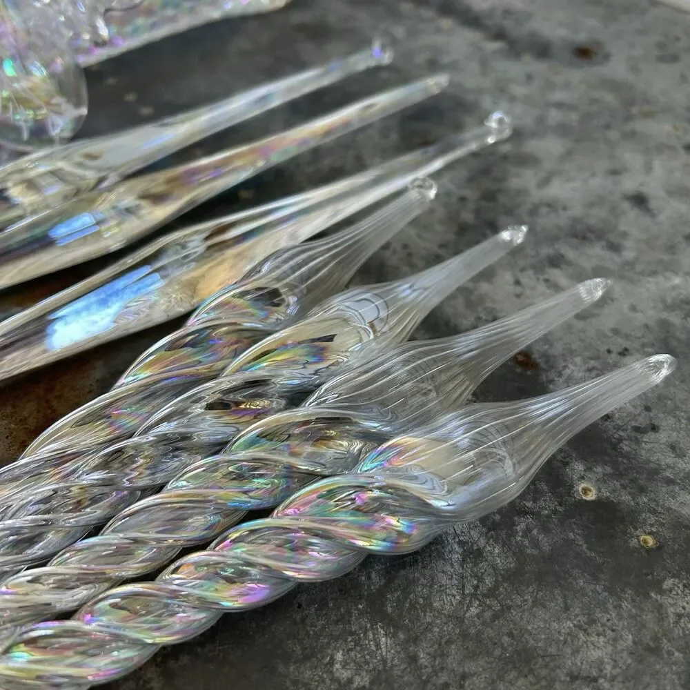 Lot Of 12 Vintage Ornaments Finial Ice Christmas Iridescent Swirl Blown Glass